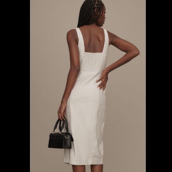 By Anthropologie Sleeveless Square-Neck Linen Button Wrap Midi Dress - Picture 6 of 7